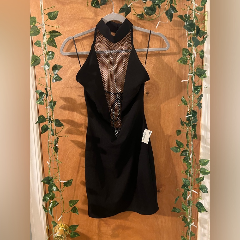 NWT  Black Halter Dress Diamond Mesh Center & Cute Back String Size Small
